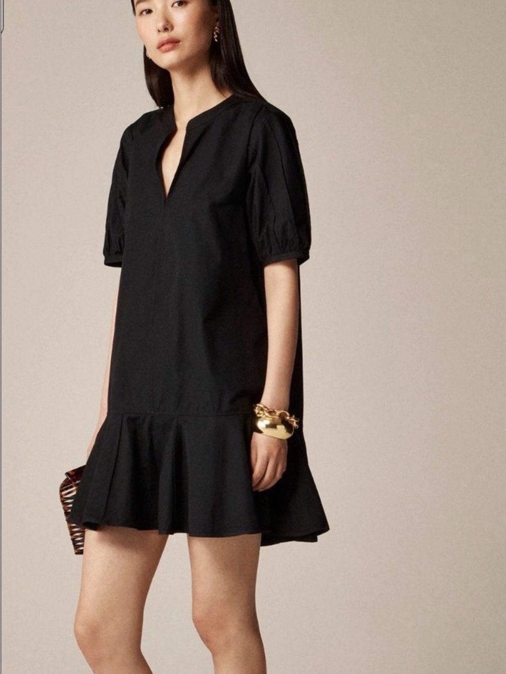 J. Crew Black Short Puff-Sleeve Ruffle-Hem Mini Dress
